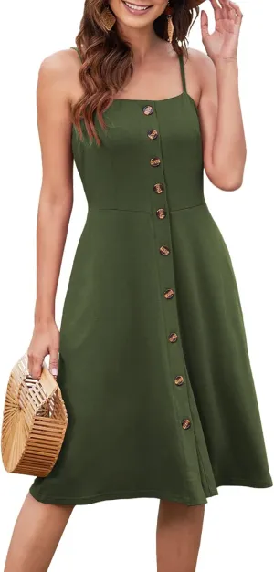 Hount Womens Summer Casual Dresses Spaghetti Strap Button Down Boho Beach Midi Sundress with Pockets