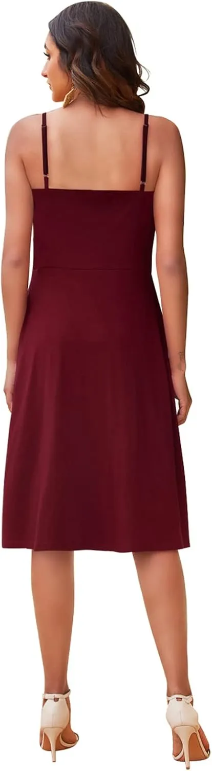 Hount Womens Summer Casual Dresses Spaghetti Strap Button Down Boho Beach Midi Sundress with Pockets