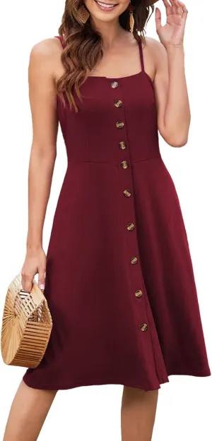 Hount Womens Summer Casual Dresses Spaghetti Strap Button Down Boho Beach Midi Sundress with Pockets