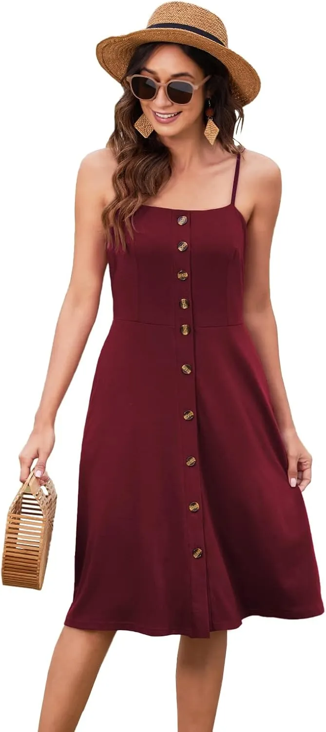 Hount Womens Summer Casual Dresses Spaghetti Strap Button Down Boho Beach Midi Sundress with Pockets