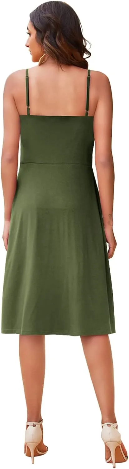 Hount Womens Summer Casual Dresses Spaghetti Strap Button Down Boho Beach Midi Sundress with Pockets