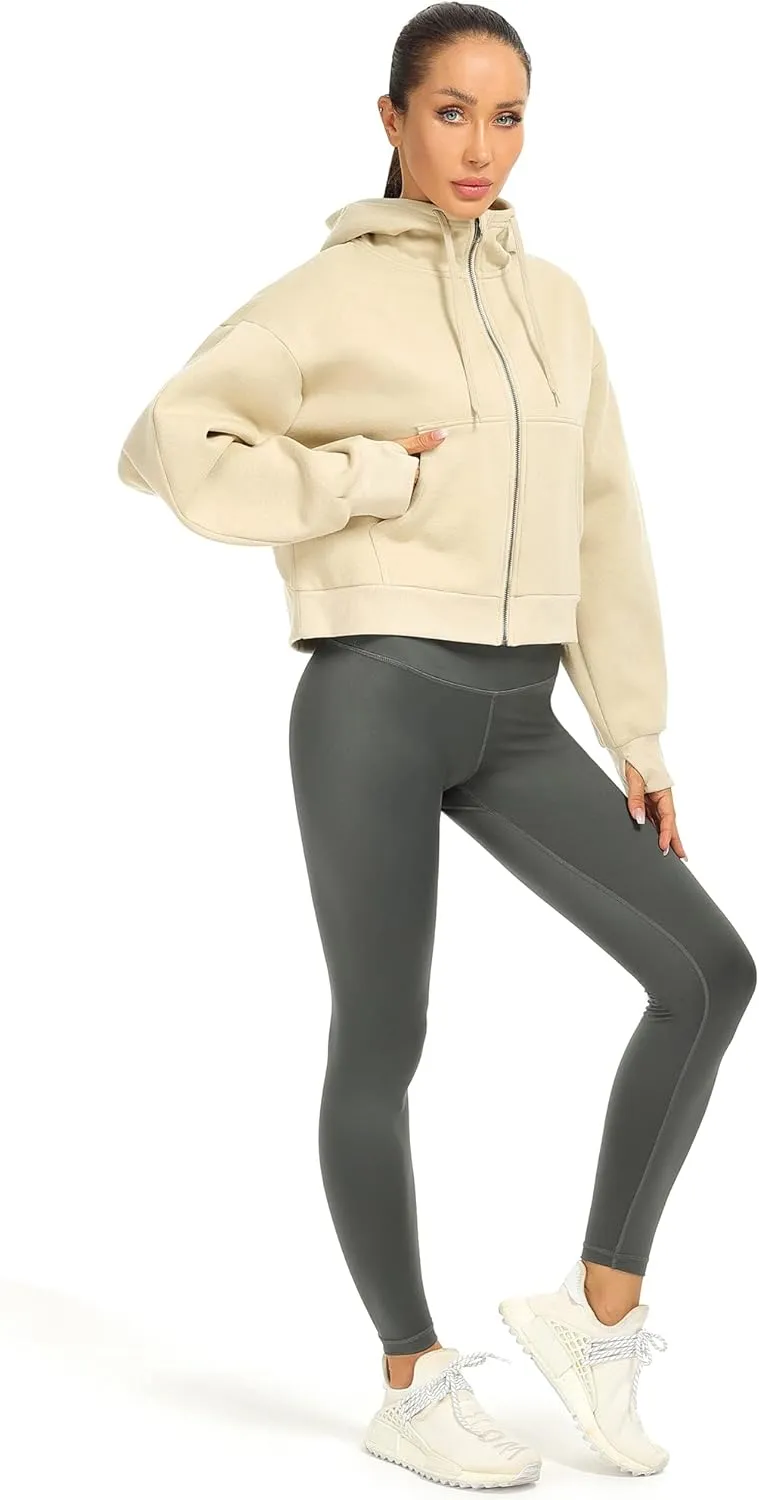 icyzone Fleece Lined Zip Up Jackets for Women with Pockets and Thumb Holes, Oversized Athletic Hoodie Sweatshirt