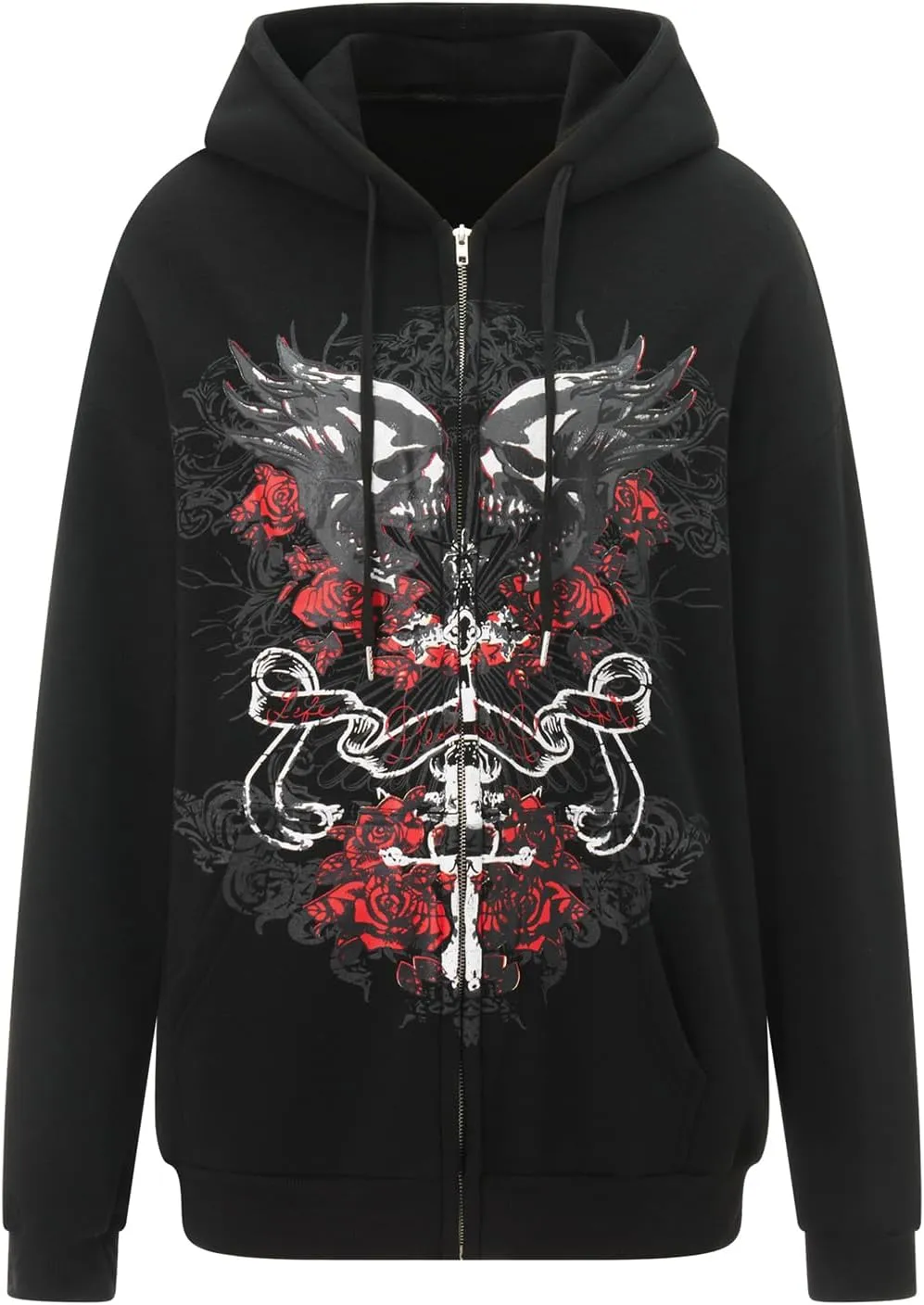 Karwuiio Women Men Zip Up Hoodie Y2k Vintage Graphic Oversized Sweatshirt Jacket Pullover Coats Gothic Streetwear