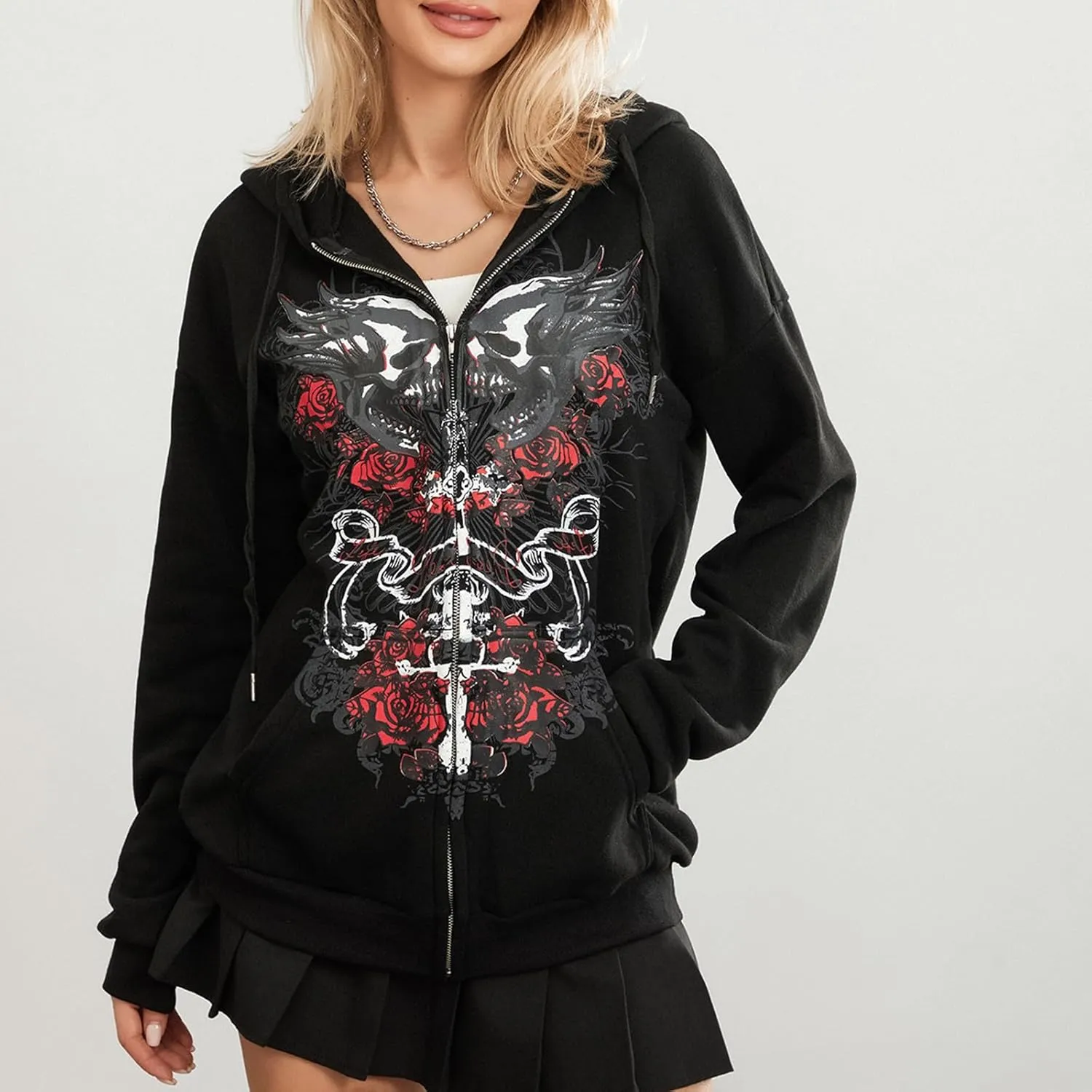 Karwuiio Women Men Zip Up Hoodie Y2k Vintage Graphic Oversized Sweatshirt Jacket Pullover Coats Gothic Streetwear