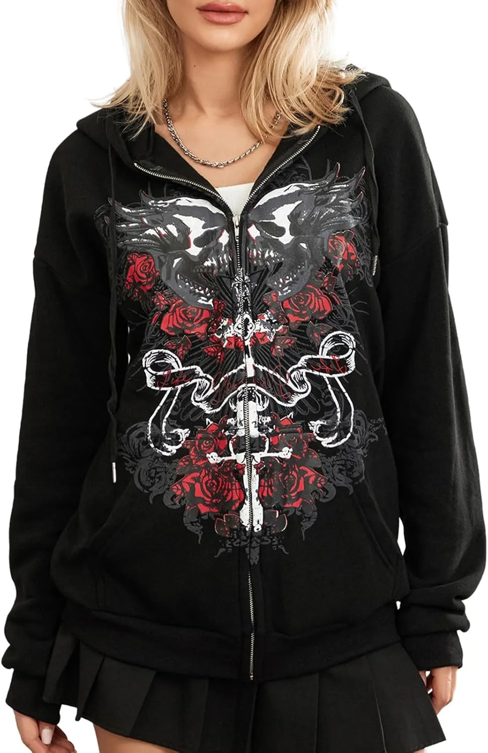 Karwuiio Women Men Zip Up Hoodie Y2k Vintage Graphic Oversized Sweatshirt Jacket Pullover Coats Gothic Streetwear