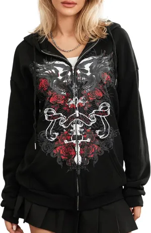 Karwuiio Women Men Zip Up Hoodie Y2k Vintage Graphic Oversized Sweatshirt Jacket Pullover Coats Gothic Streetwear
