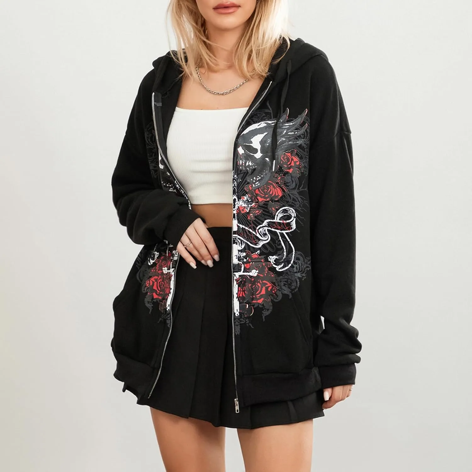 Karwuiio Women Men Zip Up Hoodie Y2k Vintage Graphic Oversized Sweatshirt Jacket Pullover Coats Gothic Streetwear