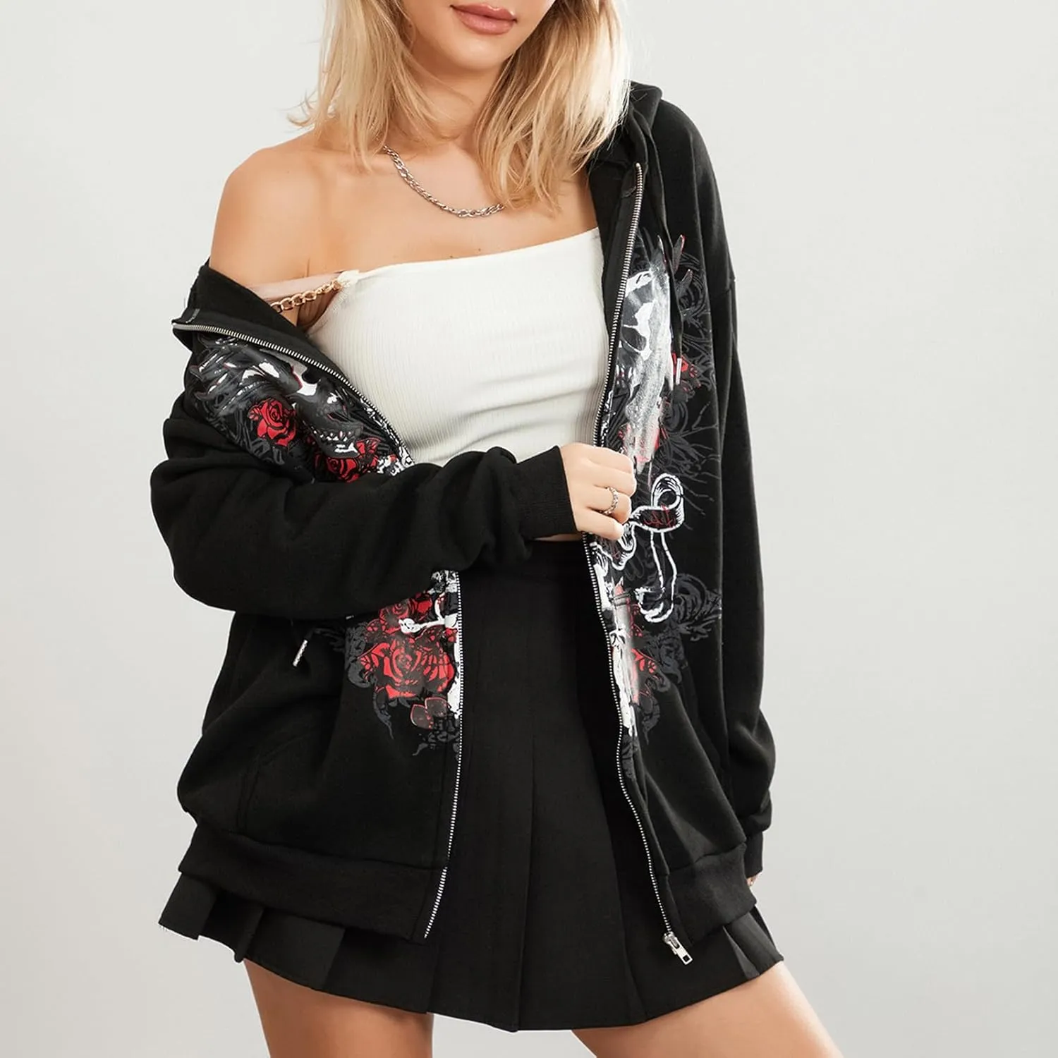 Karwuiio Women Men Zip Up Hoodie Y2k Vintage Graphic Oversized Sweatshirt Jacket Pullover Coats Gothic Streetwear