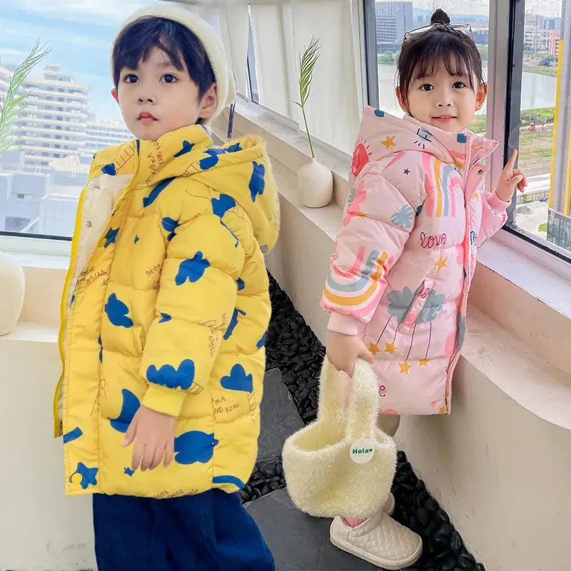 Kids Girls Boys Rainbow Print Down Hooded Jacket