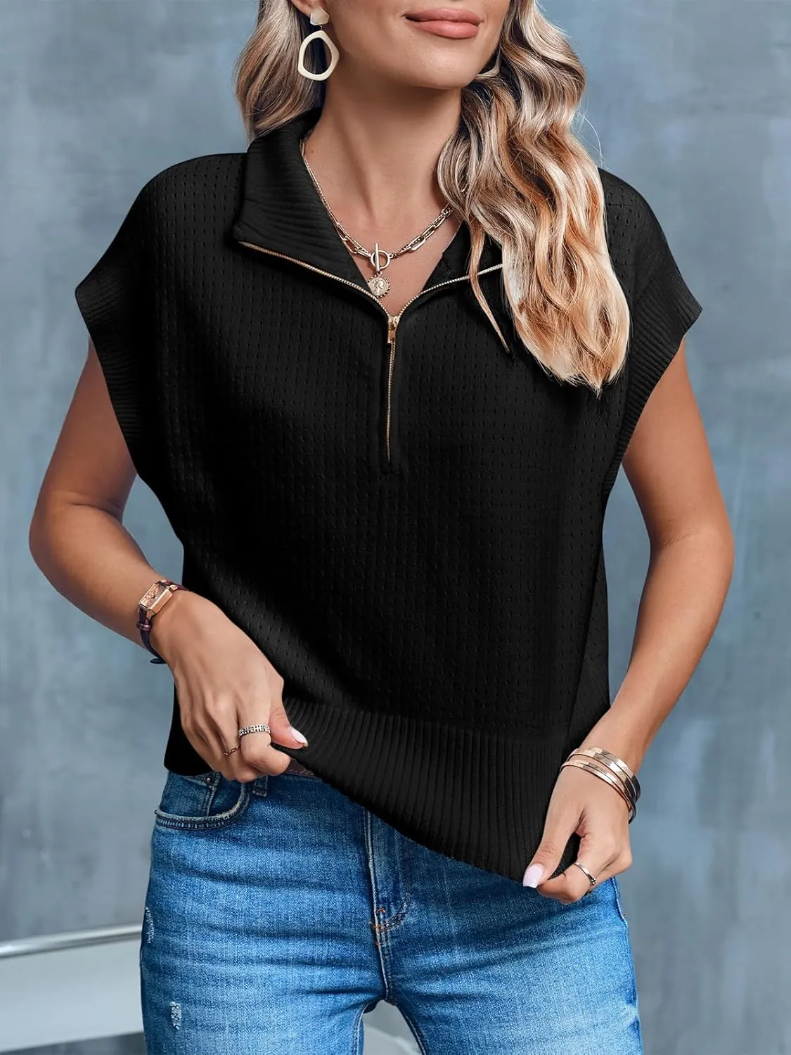 Langwyqu Womens Short Sleeve Cropped Knit Tops Half Zip Cap Sleeve Lightweight Oversized Sweater Vest
