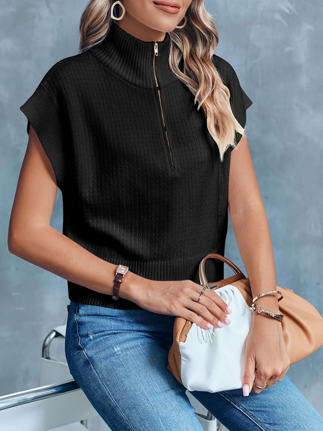 Langwyqu Womens Short Sleeve Cropped Knit Tops Half Zip Cap Sleeve Lightweight Oversized Sweater Vest