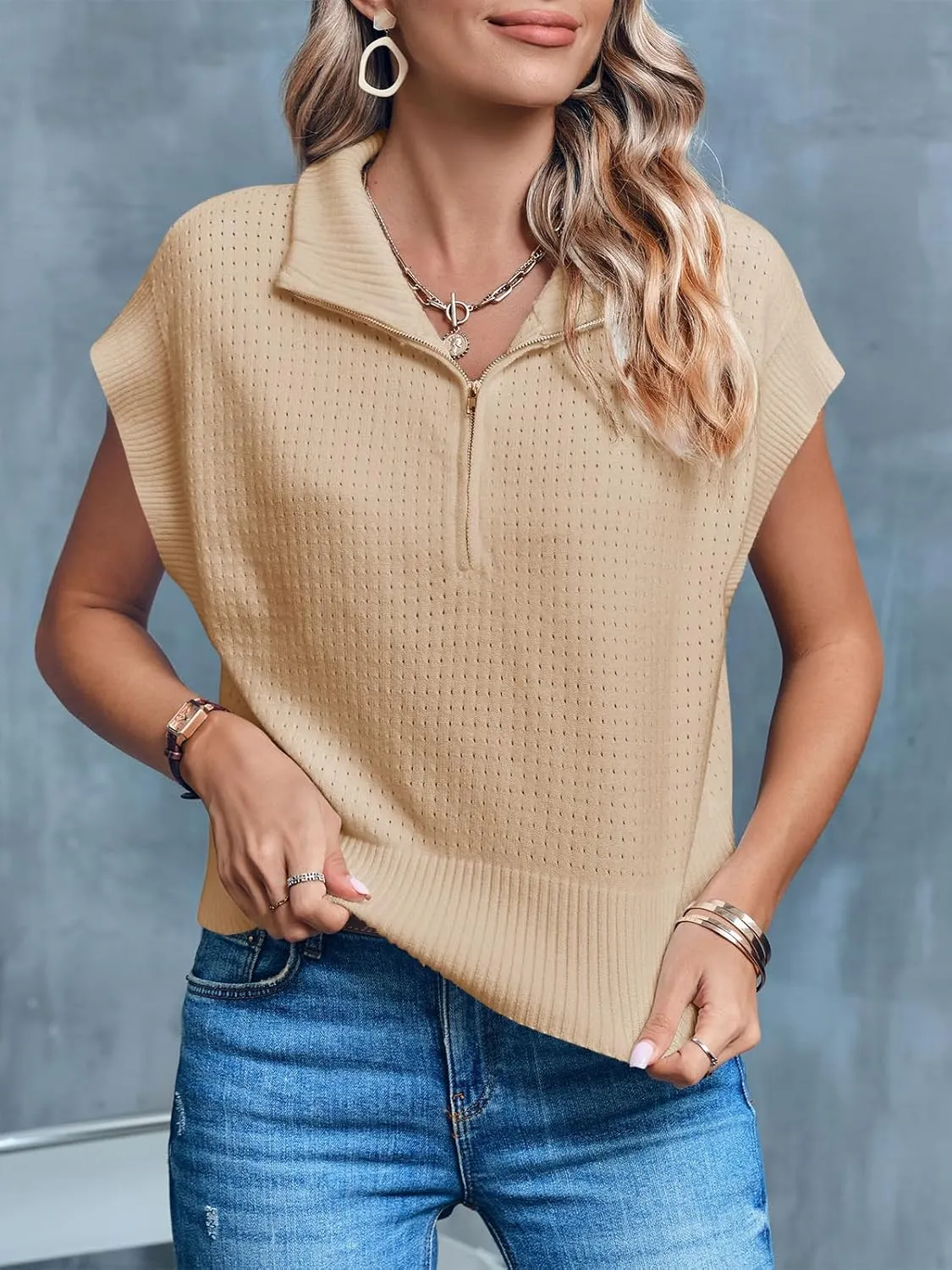 Langwyqu Womens Short Sleeve Cropped Knit Tops Half Zip Cap Sleeve Lightweight Oversized Sweater Vest