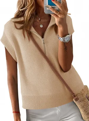 Langwyqu Womens Short Sleeve Cropped Knit Tops Half Zip Cap Sleeve Lightweight Oversized Sweater Vest