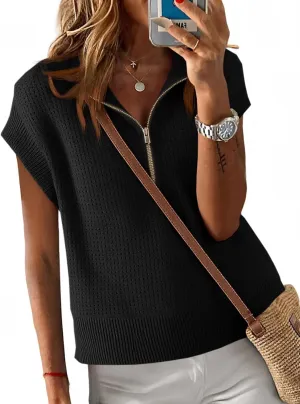 Langwyqu Womens Short Sleeve Cropped Knit Tops Half Zip Cap Sleeve Lightweight Oversized Sweater Vest