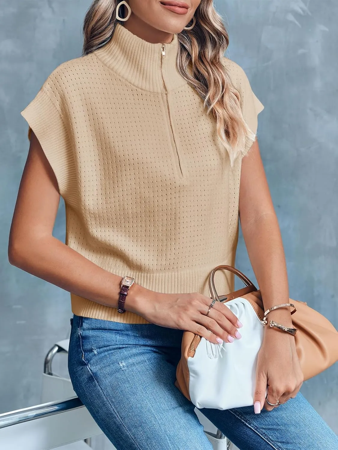 Langwyqu Womens Short Sleeve Cropped Knit Tops Half Zip Cap Sleeve Lightweight Oversized Sweater Vest