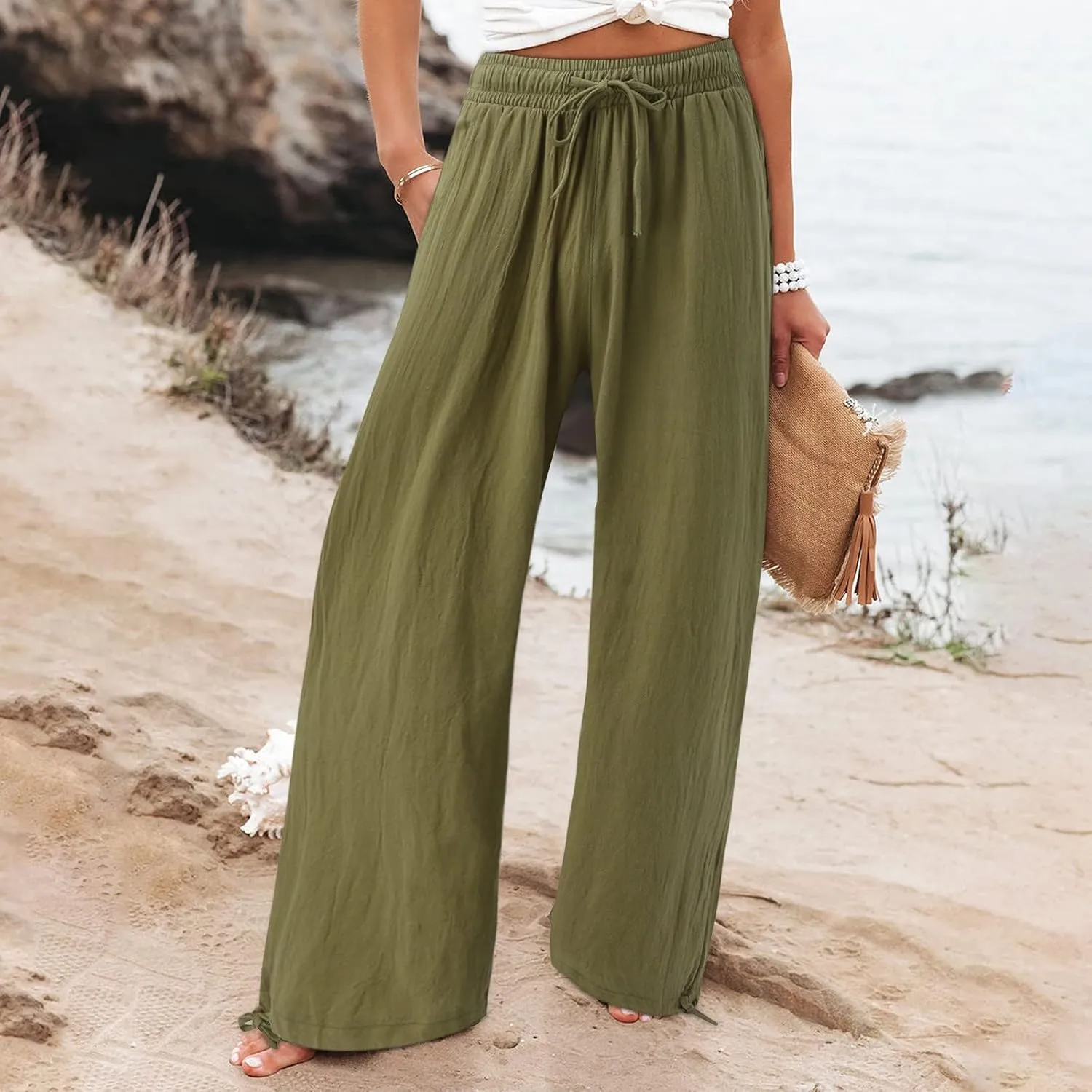 Linen Pants Women Plus Size Boho Comfy Flowy Wide Leg Trouser Summer High Waist Beach Palazzo Sweatpant with Pocket