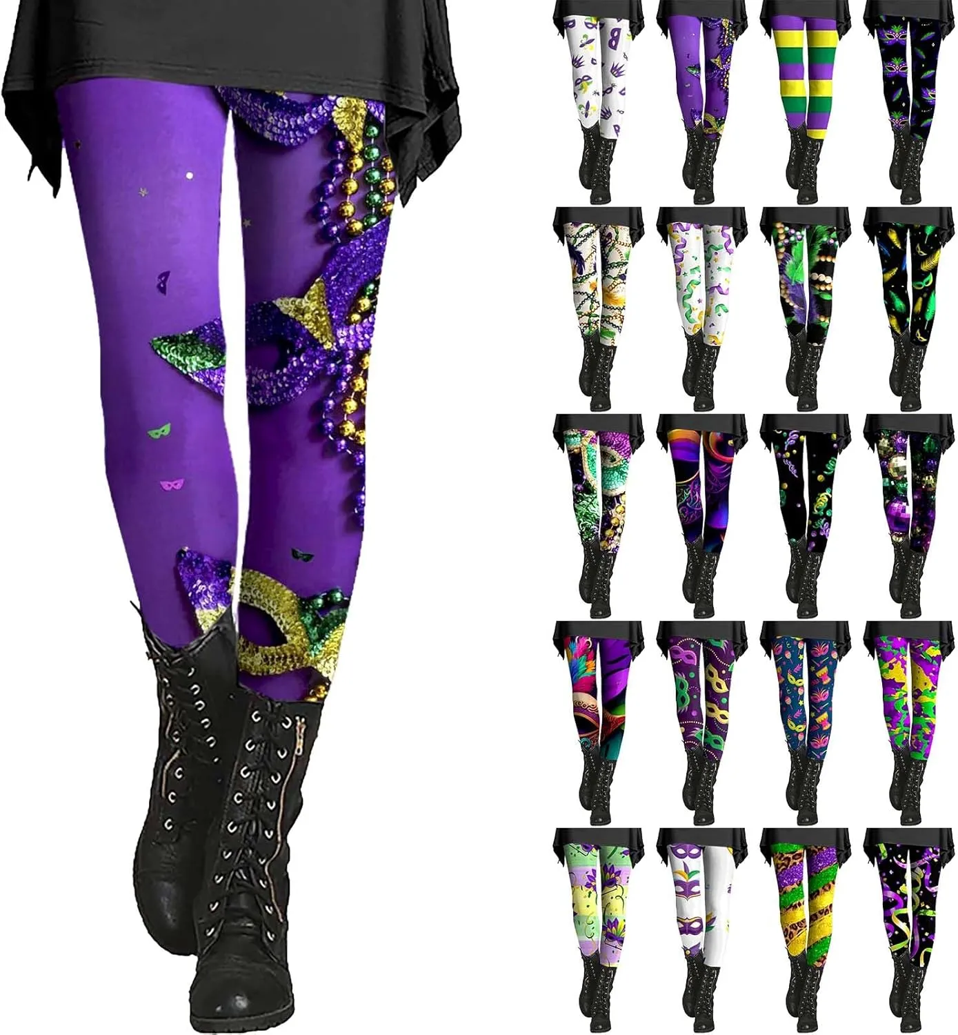 Litetao Mardi Gras Leggings for Women 2025 High Waisted Carnival Fancy Sequin Mask Printed Yoga Pants Stretch Tights Trousers