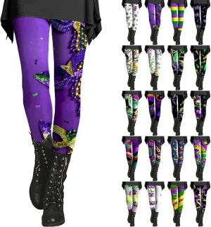 Litetao Mardi Gras Leggings for Women 2025 High Waisted Carnival Fancy Sequin Mask Printed Yoga Pants Stretch Tights Trousers
