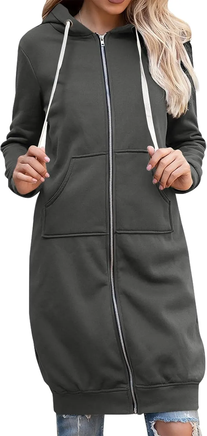 Long Hoodie for Women Winter Coats Zip Up Jackets Hooded Sweatshirts Fleece Lined Sweatshirt Sweaters with Pockets