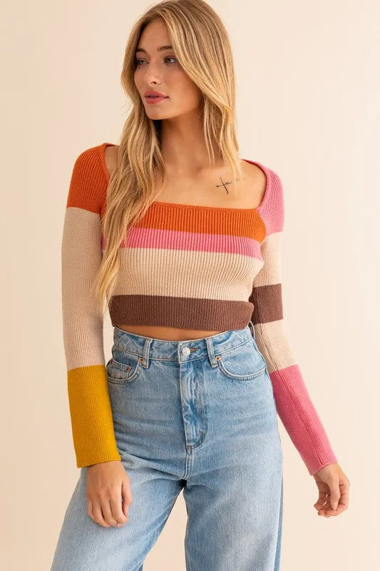 Long Sleeve Color Block Stripe Knit Top - BP
