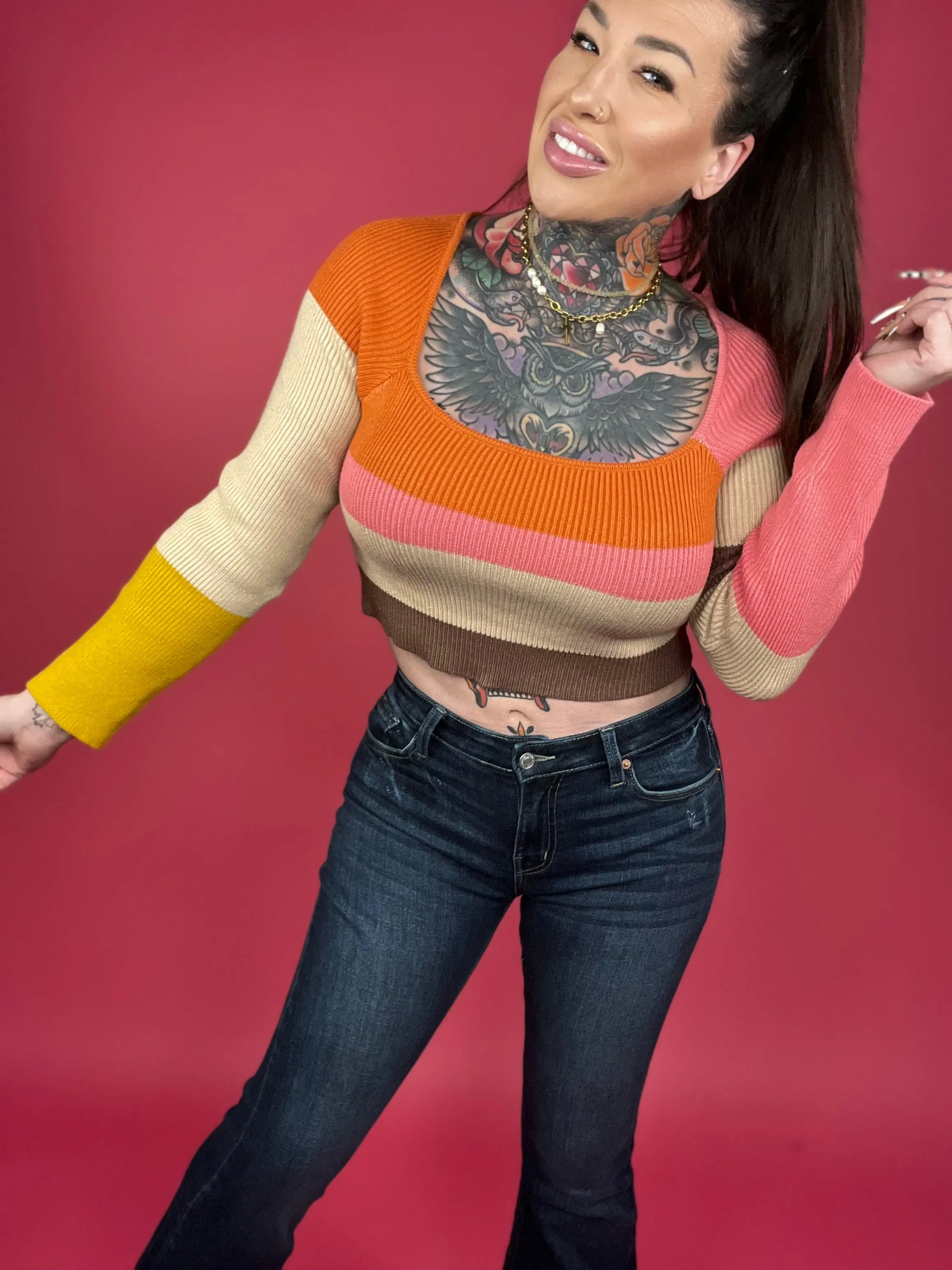Long Sleeve Color Block Stripe Knit Top - BP