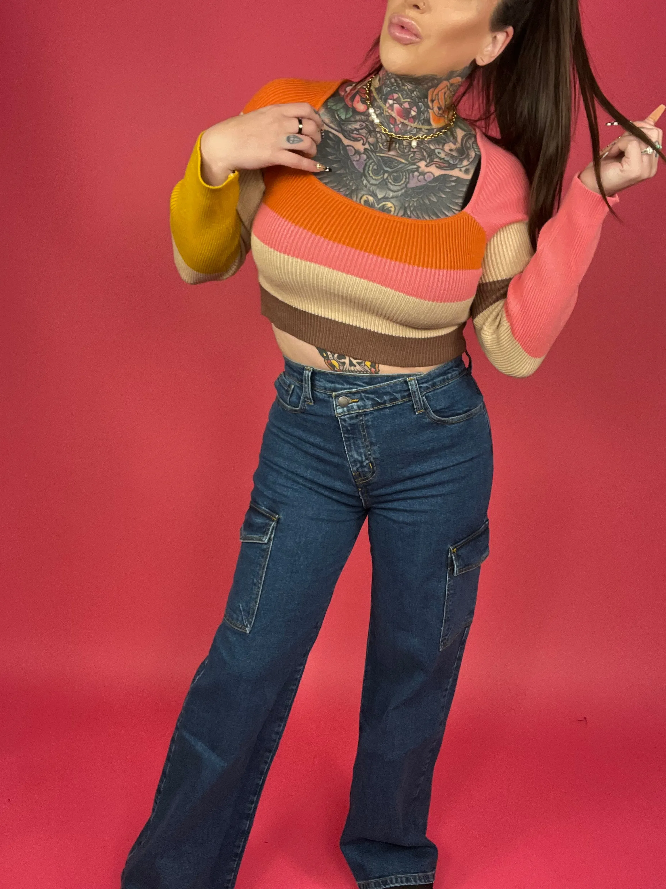 Long Sleeve Color Block Stripe Knit Top - BP