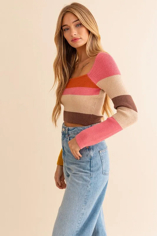 Long Sleeve Color Block Stripe Knit Top - BP
