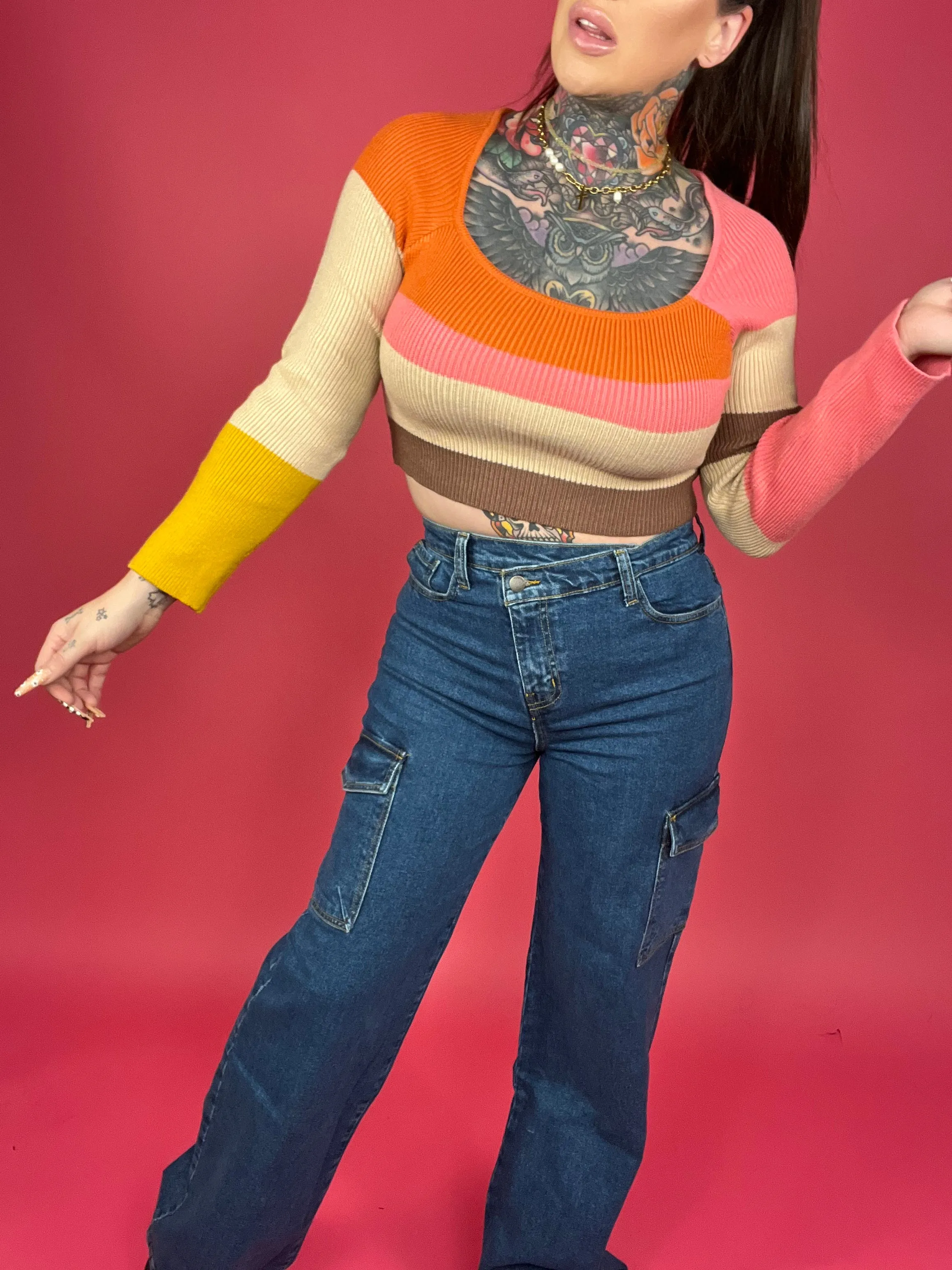 Long Sleeve Color Block Stripe Knit Top - BP