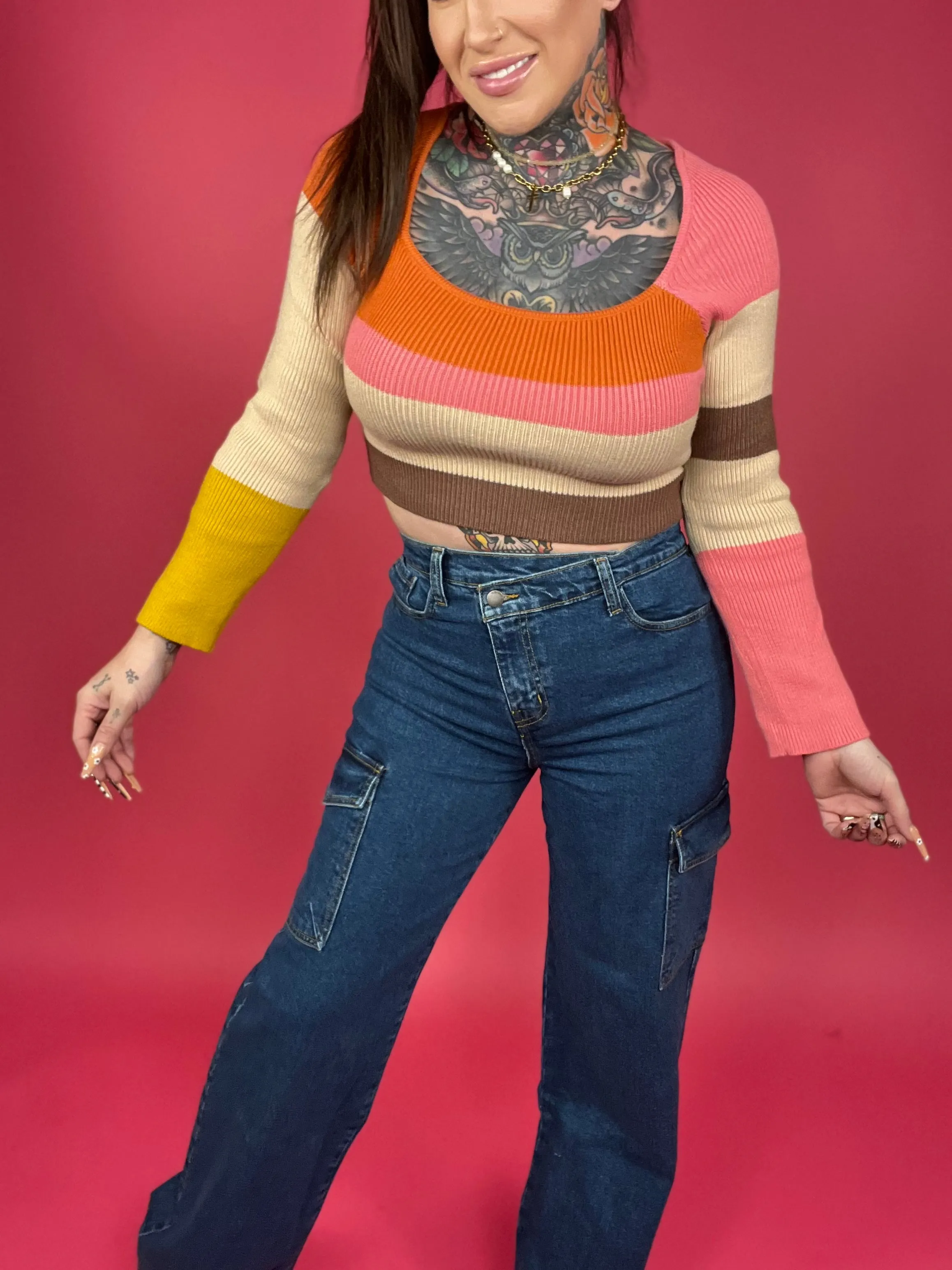 Long Sleeve Color Block Stripe Knit Top - BP