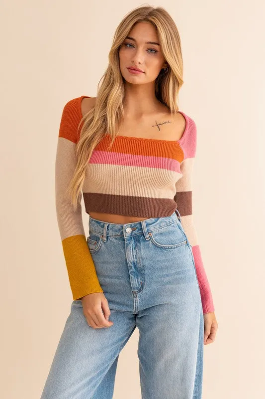 Long Sleeve Color Block Stripe Knit Top - BP