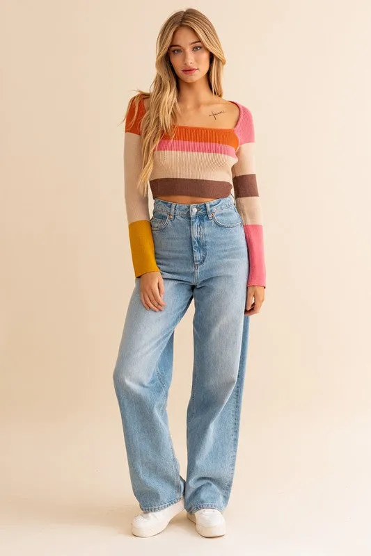 Long Sleeve Color Block Stripe Knit Top - BP