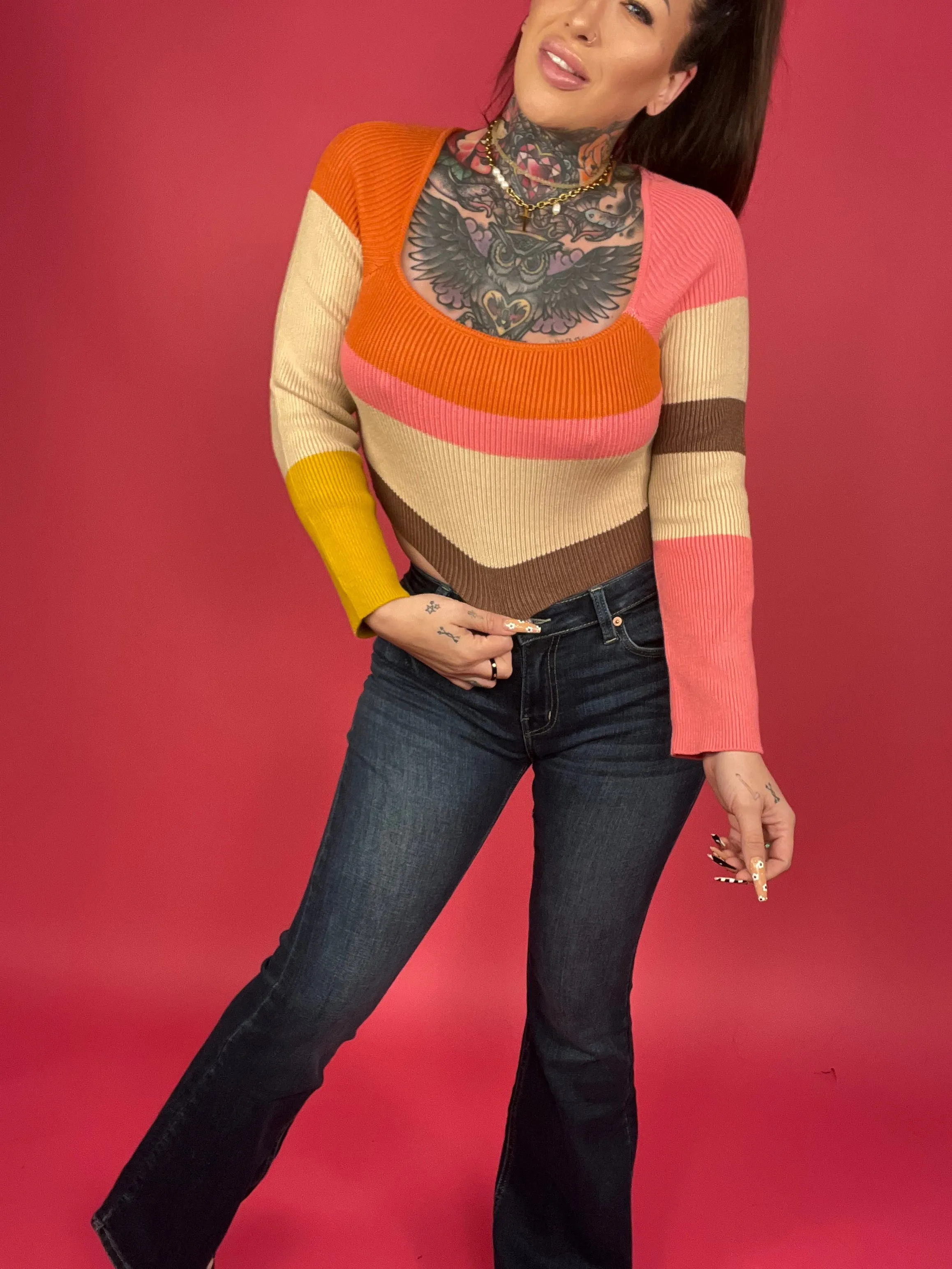 Long Sleeve Color Block Stripe Knit Top - BP