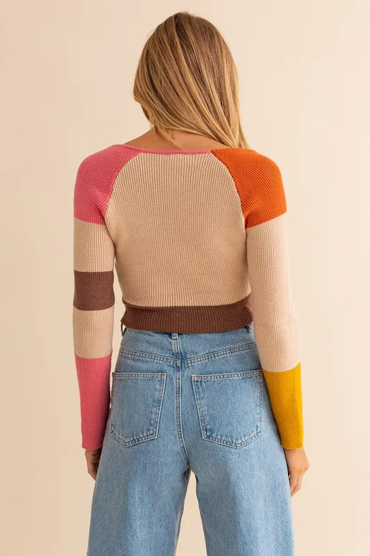 Long Sleeve Color Block Stripe Knit Top - BP