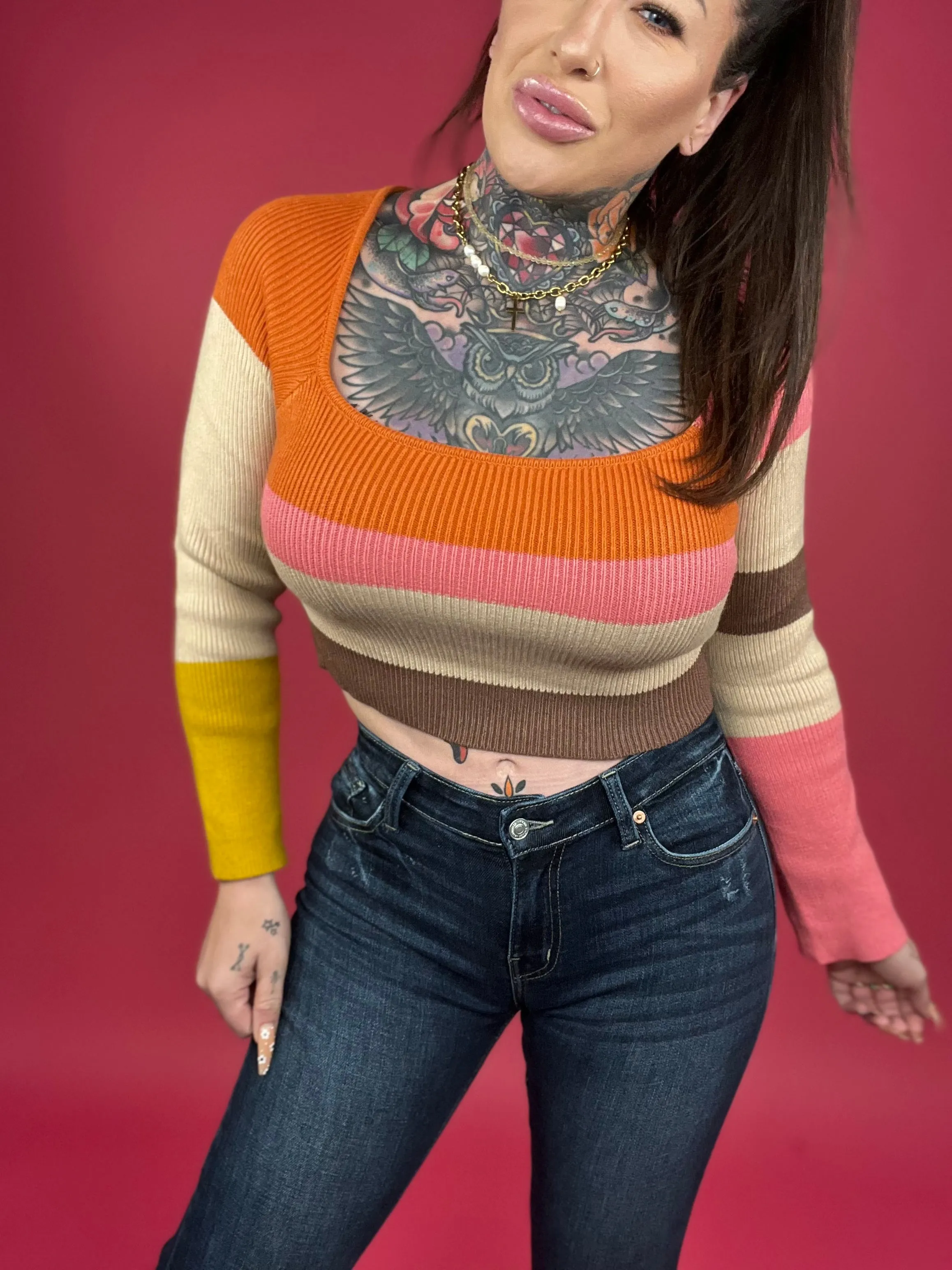 Long Sleeve Color Block Stripe Knit Top - BP