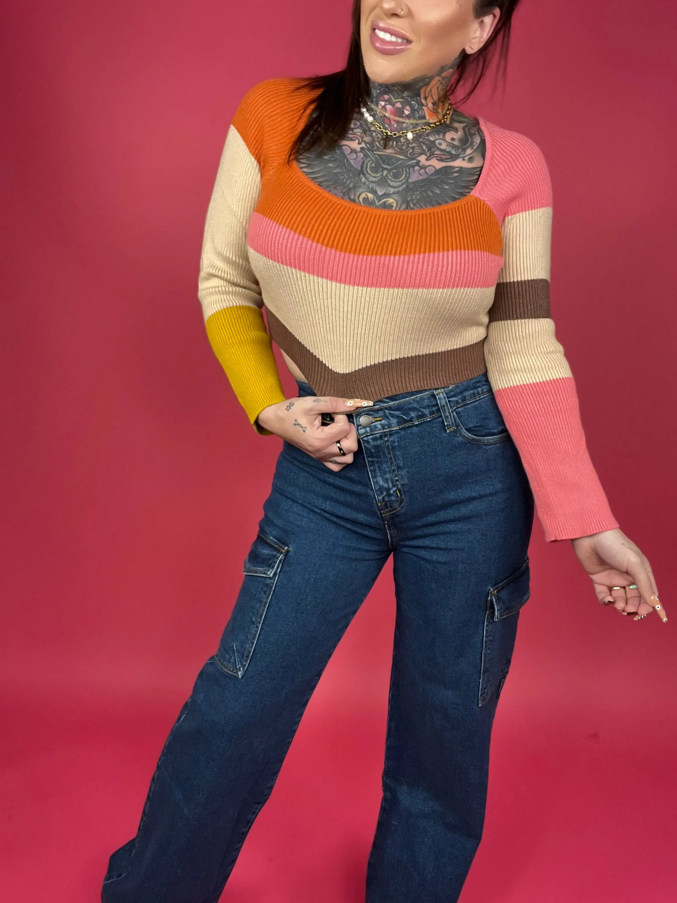 Long Sleeve Color Block Stripe Knit Top - BP