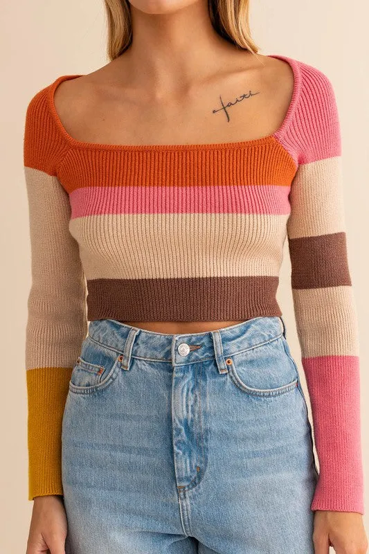 Long Sleeve Color Block Stripe Knit Top - BP
