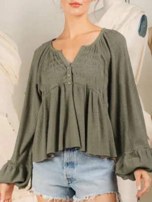 Loosen Up Notched Neck Long Sleeve Blouse