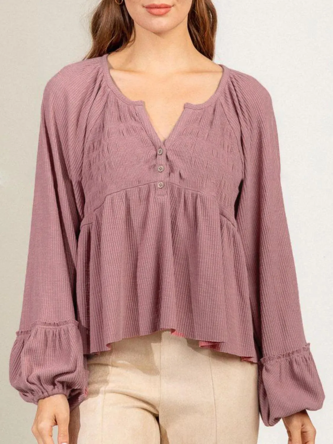 Loosen Up Notched Neck Long Sleeve Blouse