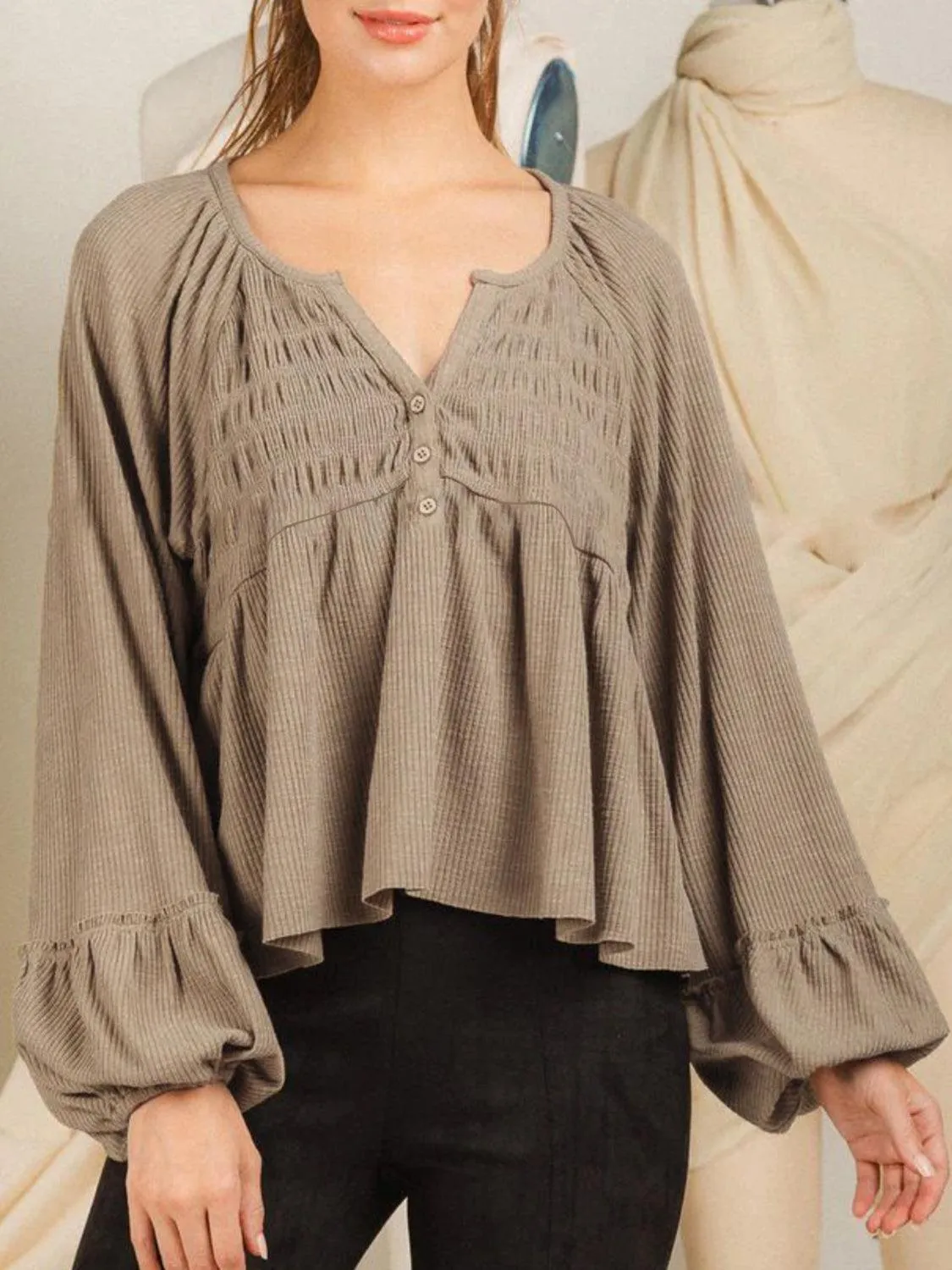 Loosen Up Notched Neck Long Sleeve Blouse