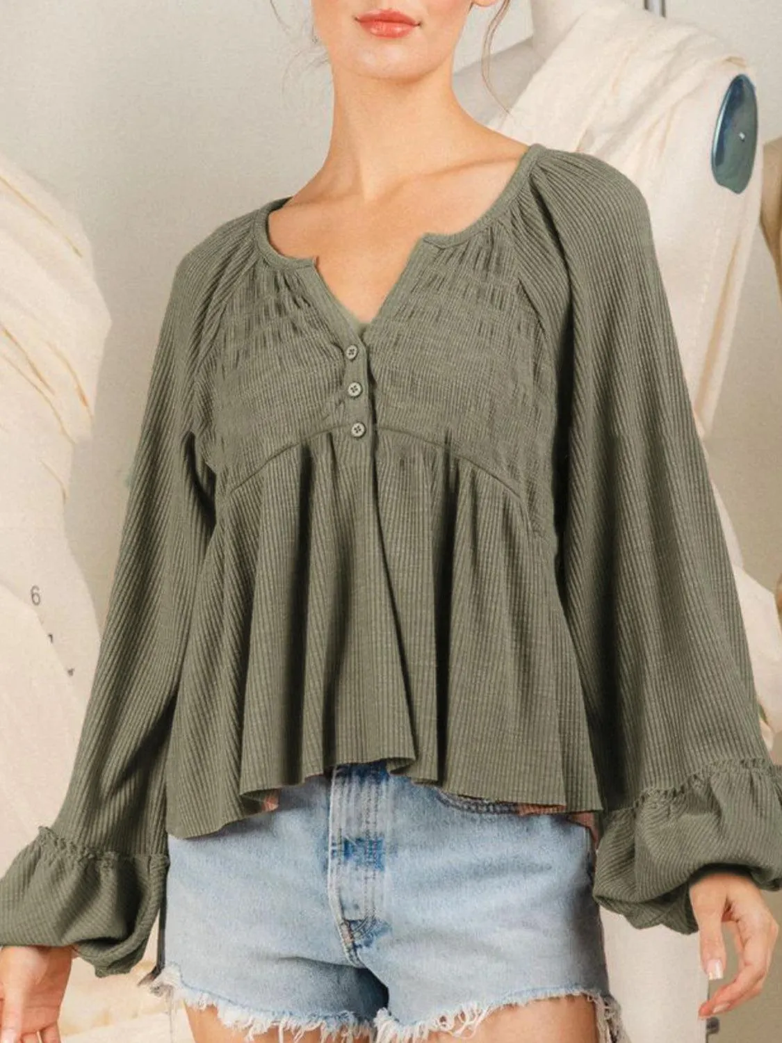 Loosen Up Notched Neck Long Sleeve Blouse