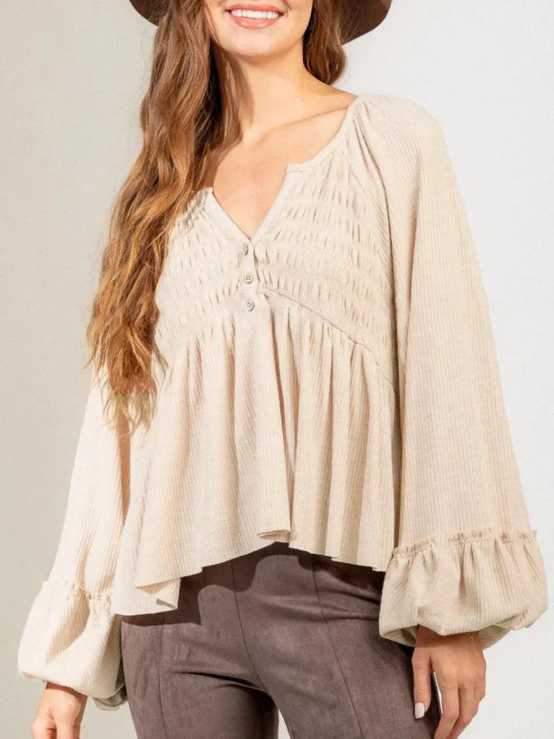 Loosen Up Notched Neck Long Sleeve Blouse