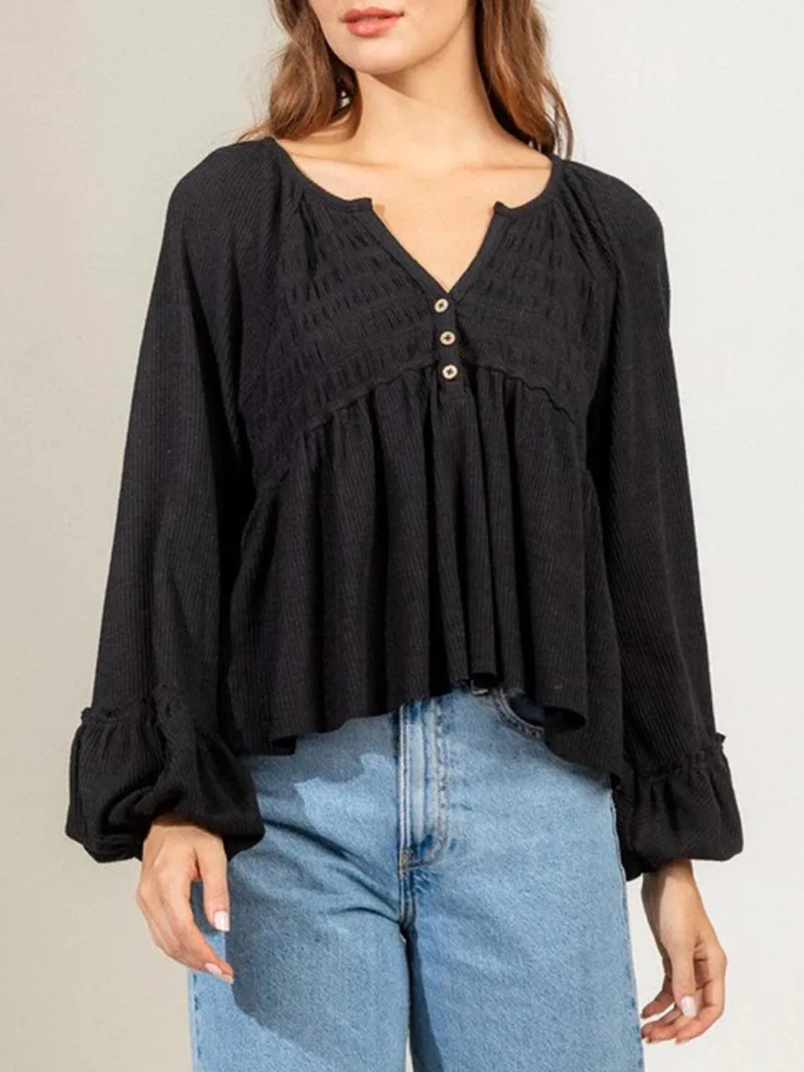Loosen Up Notched Neck Long Sleeve Blouse
