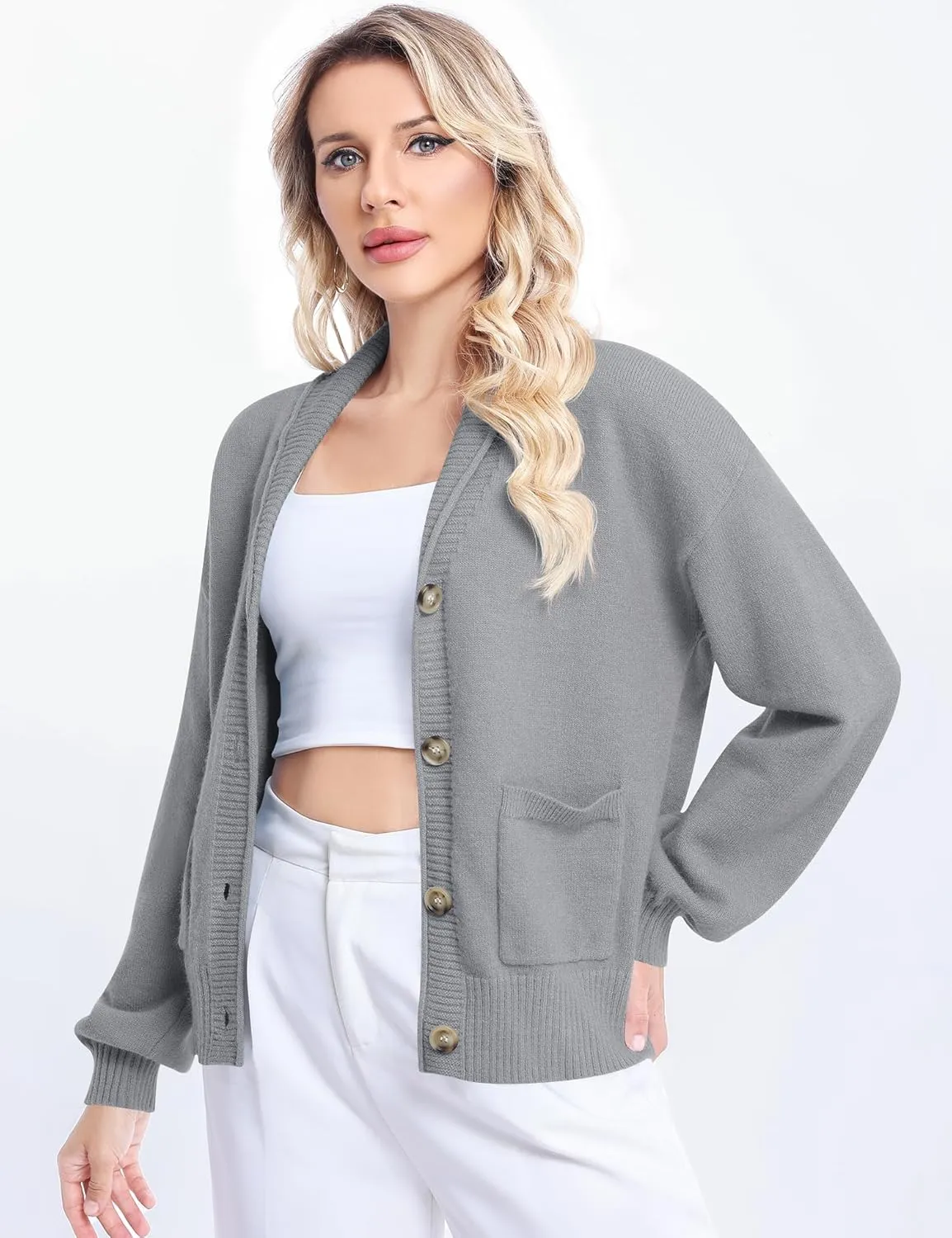 LUYAA Women's Cardigan Sweaters 2024 Oversized Open Front Button V Neck Lightweight Cardigans Outerwear