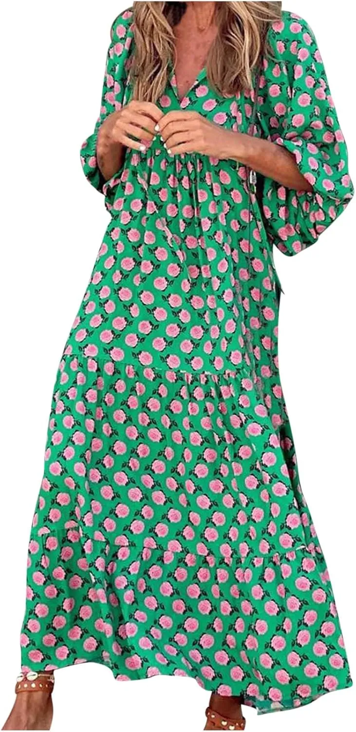 Maxi Dresses for Women 2024 Summer Boho Dress Sexy Off The Shoulder Dresses Flowy Long Sundress Vacation Dress, Small