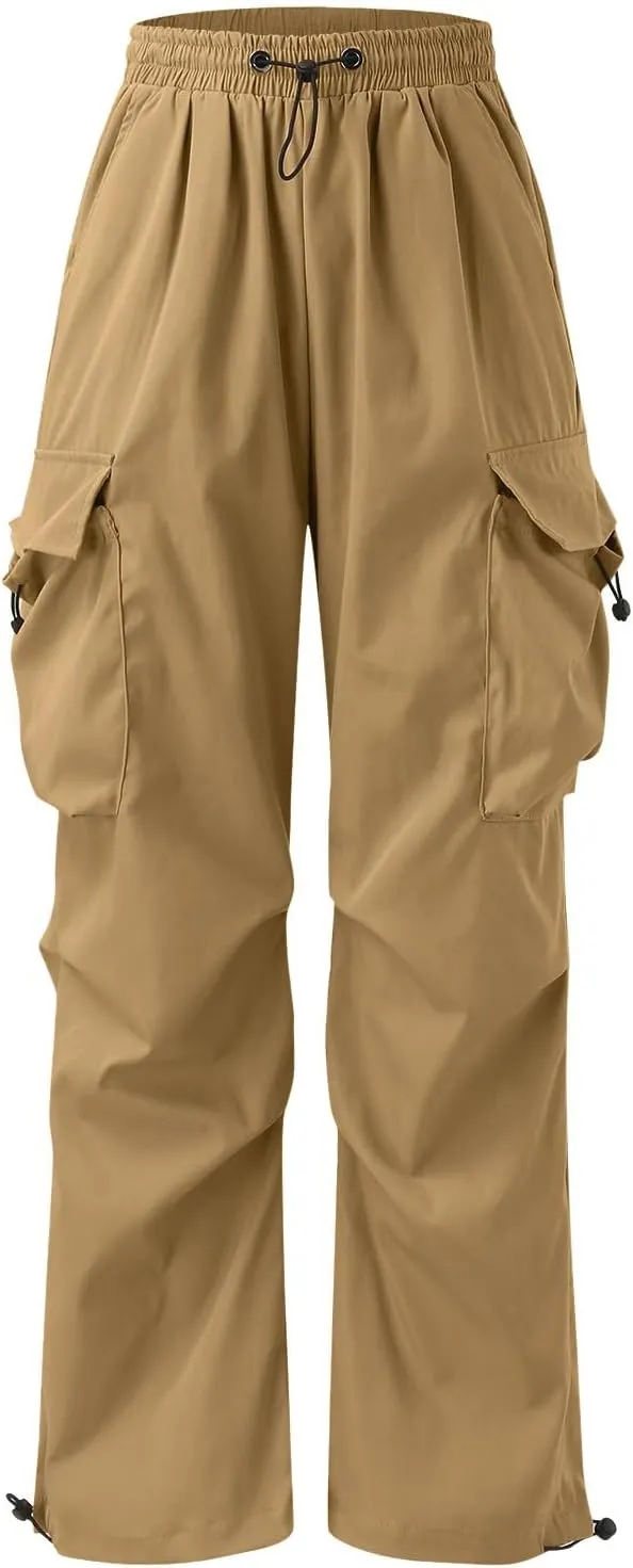 Men Cargo Pants Casual Wide Leg Elastic Waist Drawstring Pant Outdoor Pants Multi Pockets