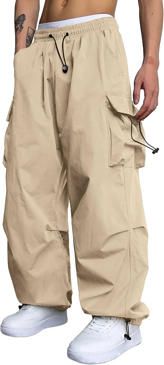 Men Cargo Pants Casual Wide Leg Elastic Waist Drawstring Pant Outdoor Pants Multi Pockets