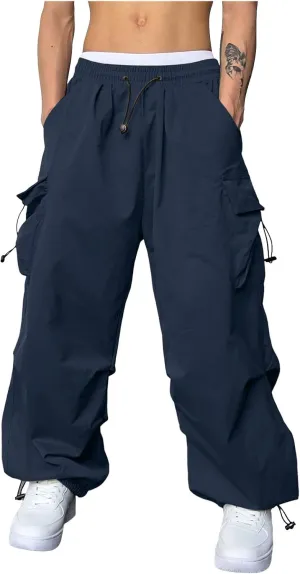 Men Cargo Pants Casual Wide Leg Elastic Waist Drawstring Pant Outdoor Pants Multi Pockets