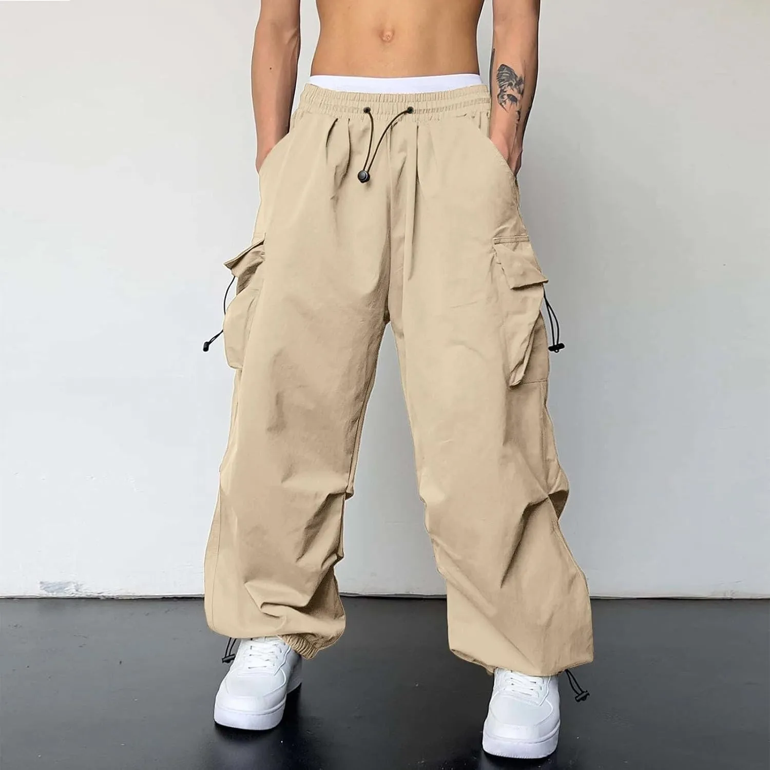 Men Cargo Pants Casual Wide Leg Elastic Waist Drawstring Pant Outdoor Pants Multi Pockets
