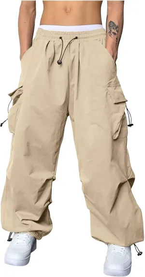 Men Cargo Pants Casual Wide Leg Elastic Waist Drawstring Pant Outdoor Pants Multi Pockets