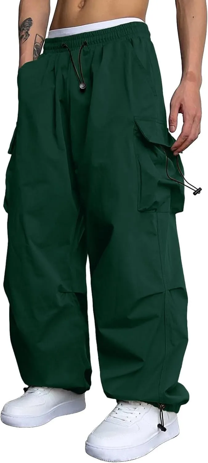 Men Cargo Pants Casual Wide Leg Elastic Waist Drawstring Pant Outdoor Pants Multi Pockets
